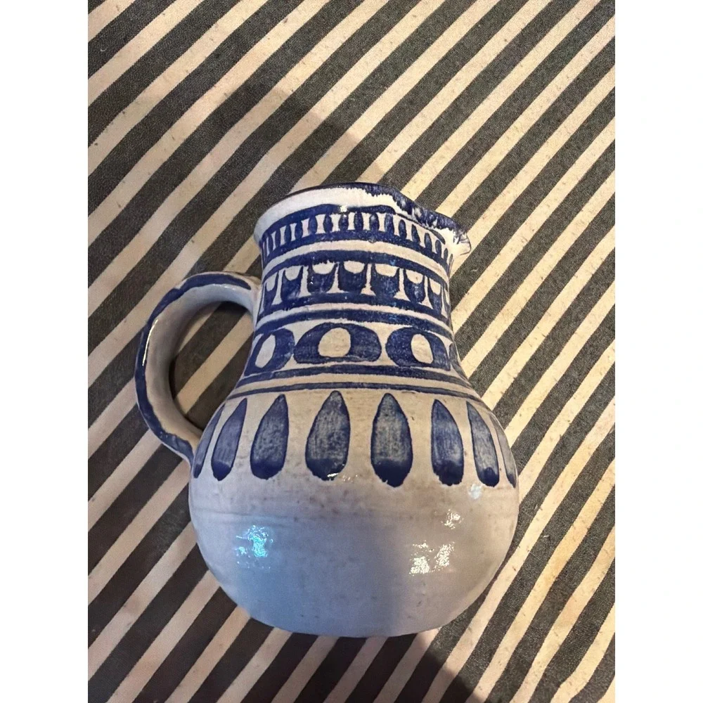 Vintage Hand Painted Blue White Ceramic Pitcher Studio Pottery Small Creamer Jug